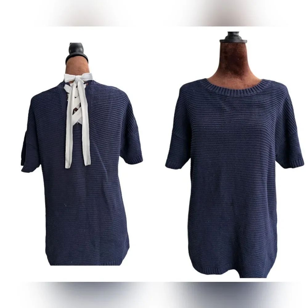 💯 cotton navy knit top with tie bow at the back